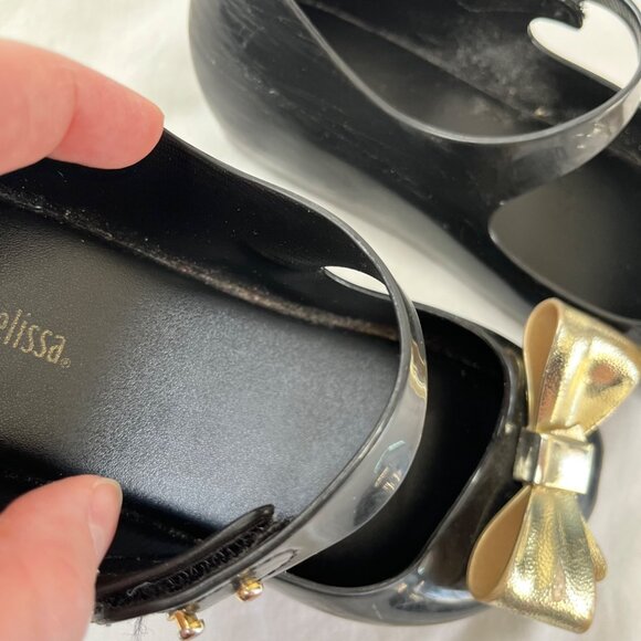 Mini Melissa Black Gold Bow Jelly Maryjane Flats Kids Size 12 Eu 30 - Picture 4 of 11